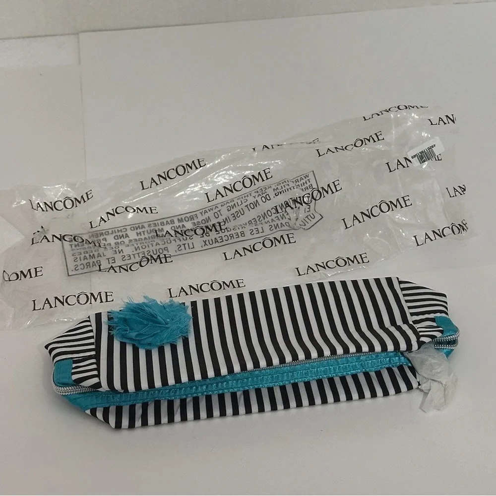 NWT Lancôme Black & White Stripe Cosmetic Bag with Teal Accents | Travel Gift